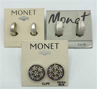 Lot of 3 NWT MONET Silver Tone Flower Earrings