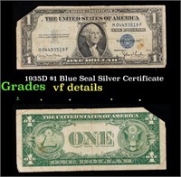 1935D $1 Blue Seal Silver Certificate Grades vf de