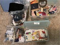 3 small totes of sewing material, buttons, heming