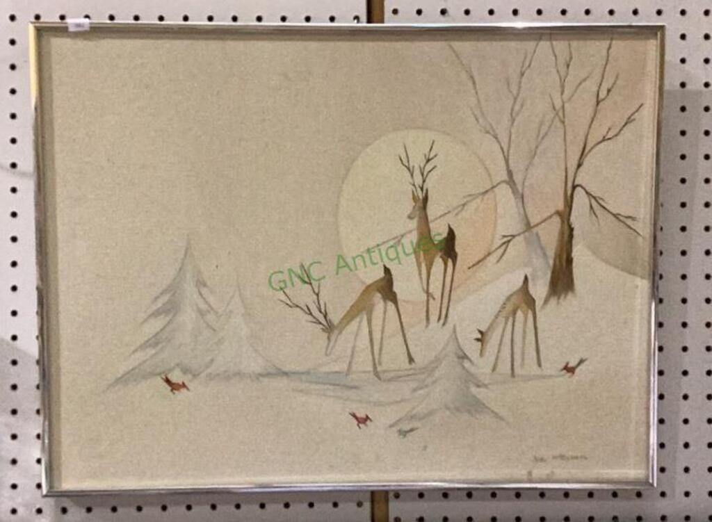 Beautiful watercolor on canvas of deer in the