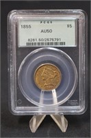 1855 AU50 $5 Pre-33 Gold Liberty Head Coin