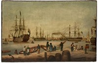 Old Painting of English Ships & People at Wharf.