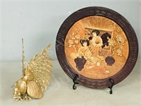 13.5" oriental plate/ stand & brass bird