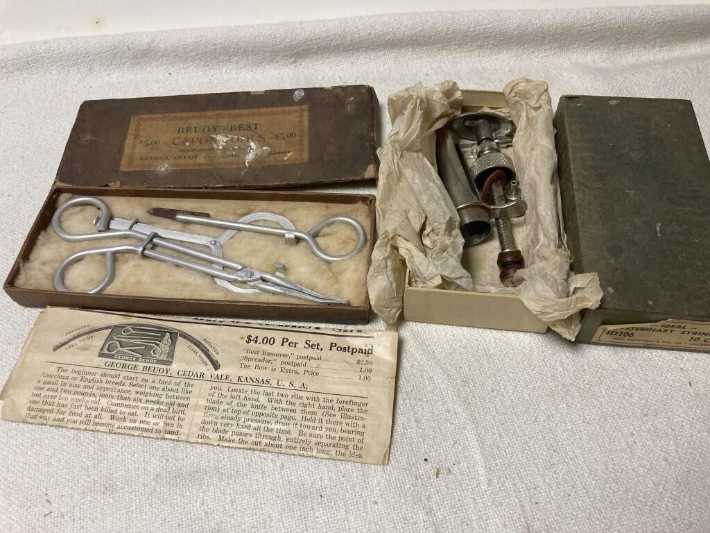 Farm veterinary syringe, antique capon tools
