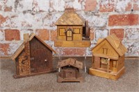 Antique banks, inlaid wooden houses 3 banks and 1