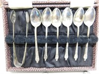 Demitasse spoons/sugar tongs, silverplate in a