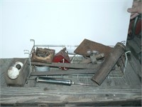 Metal basket, primitive tools, porcelain door