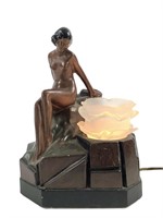 Painted Plaster Deco Lamp Nude on Rock Floral Shd