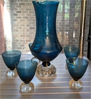 1970S ASEDA GLASBRUK SWEDEN BLUE FOOTED GLASS PITC