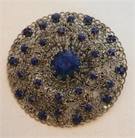 Antique Filigree Brooch w/Lapis Lazuli Stones