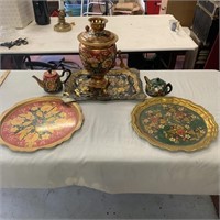 Folk Art Metal Dish Set- Tea Pots, Trays,