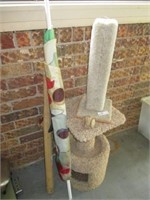 Cat tower, flag, bat and ball