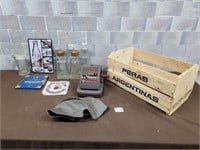 Pay master, wood crate, bottles, Cola sign, etc