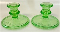 NICE URANIUM GLASS ETCHED CANDLESTICKS