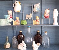 VINTAGE ANIMAL CERAMIC FIGURINES & BOTTLE ASST LOT