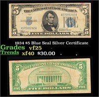 1934 $5 Blue Seal Silver Certificate Grades vf+