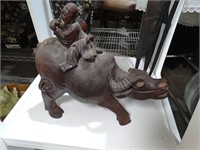 Wood Sculpture Chinese Boy on Water Buffalo