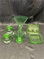 Six pieces of green glass, butter, dish, small, ba