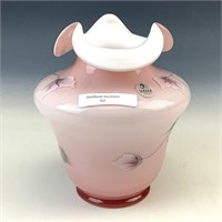 Fenton Pink Cased Decorated & Signed Vase