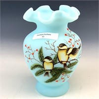 Fenton Satin Blue Decorated & Signed Vase