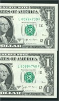 (2 CONSEC) $1 1963 (JOSEPH BAR) Federal Reserve