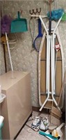 Ironing board, irons, dust mops, broom, plunger