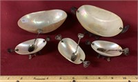 SHELL DISHES WITH SILVER STANDS AND 3 SPOONS. AS