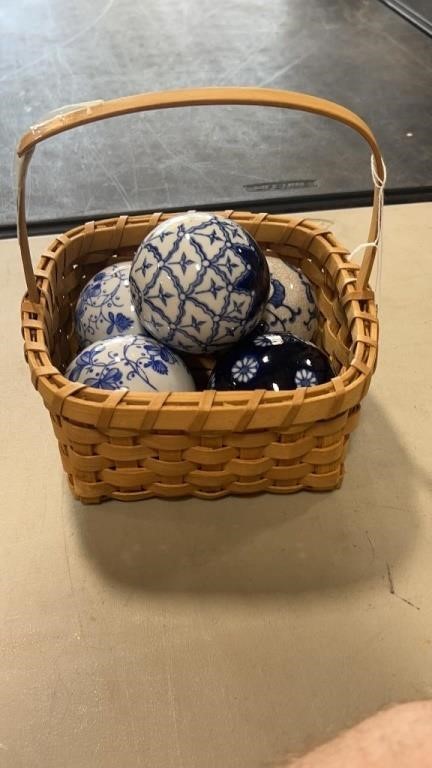Basket w/ Five Blue & White Porcelain Balls
