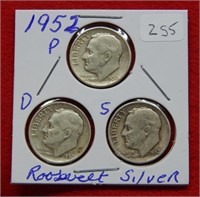 (3) 1952 Roosevelt Silver Dime PD&S