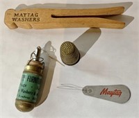 (3) Maytag clothespin, needle threader, thimble