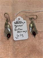 Silver and Garnet feather earrings