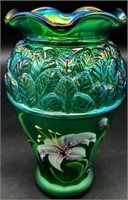 Fenton Emerald Hp Designer Vase Artist Signed