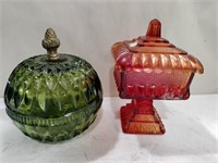 2 covered glass candy dishes