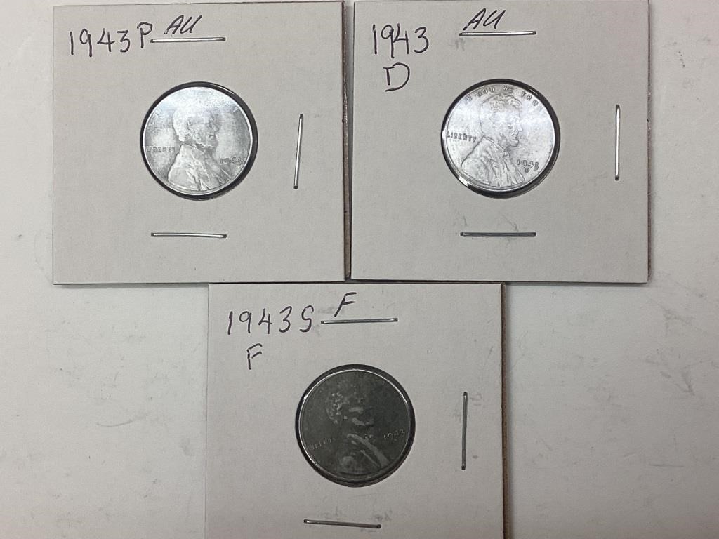 1943P, 1943D, &1943S US Steel Pennies
