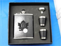 WHISKEY FLASK AND CUPS AND FUNNEL
