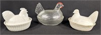 Trio Of Vintage Hen/rooster On Nest
