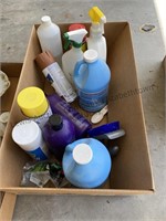 Box lot of cleaning supplies & spray paint