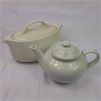 White ceramic serving dish and tea pot pair