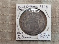 1908 Great Britian 1/2 Crown F 0.925 Silver
