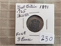 1891 Great Britian 3 Pence F 0.925 Silver