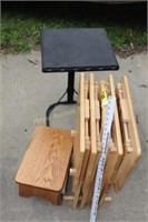 Wooden TV trays, plastic tray & wooden stools