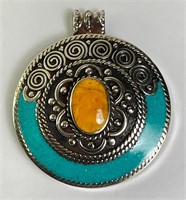 Vintage Alpaca Turquoise/Copal Amber Pendant 40 Gr