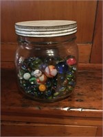 Old jar, vintage marbles, excellent variety