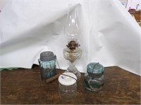 canning jars & oil lamp