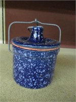 Vintage Speckled Blue Crock wire and Lid