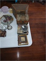 Group of small pictures and frames, woven box,