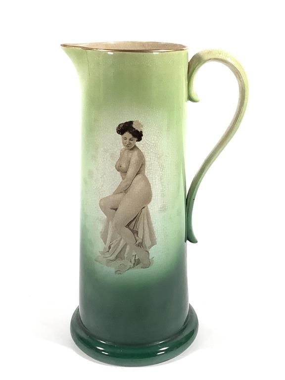 13" Dresden China Pitcher w Nude, Unusual