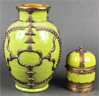 Gilt Metal Mounted Green Glaze Vase & Lidded Jar