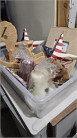 Tote of candles, wooden decor, metal flag stars