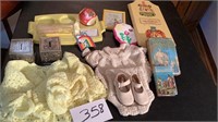 Vintage Baby Items: 2 layettes, 2 pewter banks,
